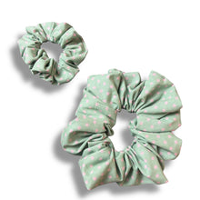 Load image into Gallery viewer, Mint with pink polka dots scrunchie