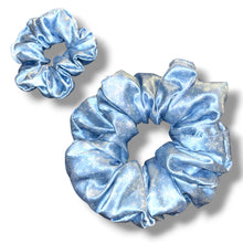 Load image into Gallery viewer, Snowflakes on Baby Blue Satin Scrunchie
