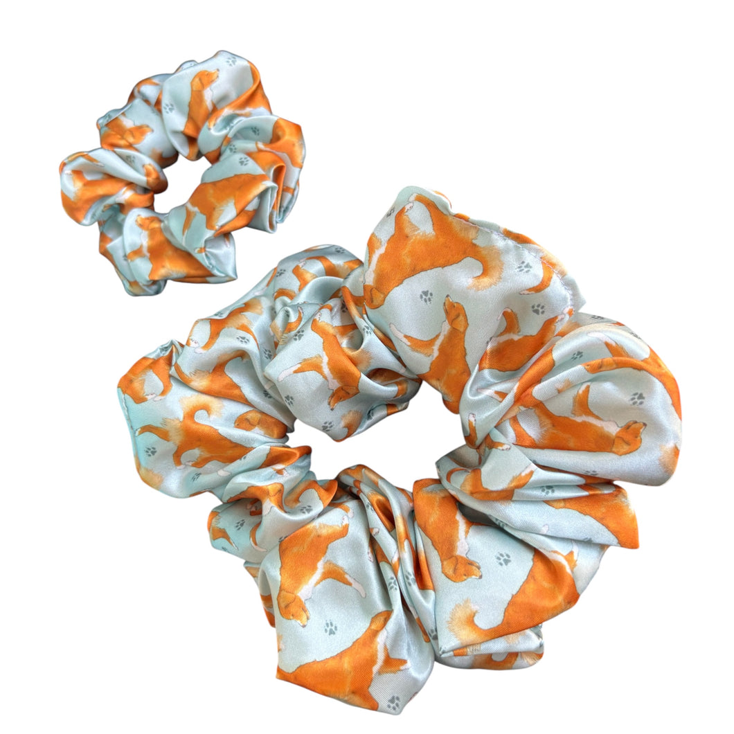 Nova Scotia Duck Toller on Blue Satin Scrunchie