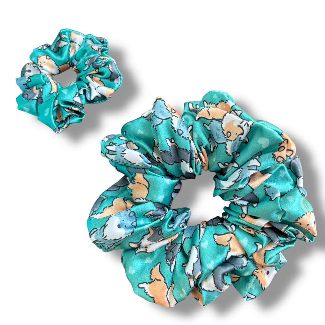 Sheltie on turquoise Satin Scrunchie
